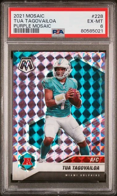 2021 Panini Mosaic Tua Tagovailoa Purple Mosaic #228 card image