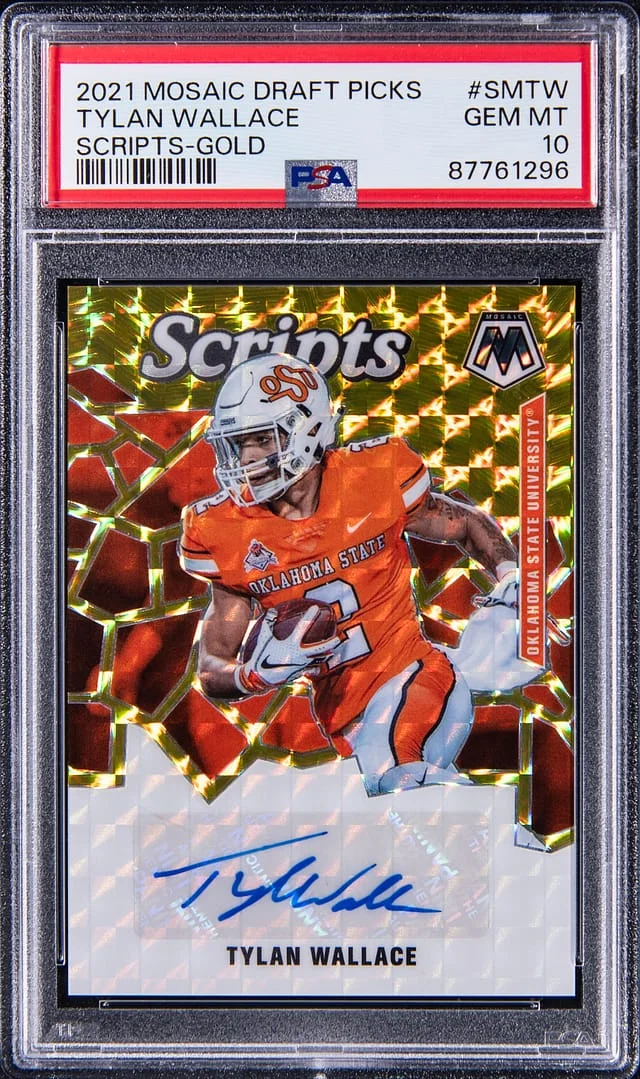 2021 Panini Mosaic Tylan Wallace Draft Picks Scripts Gold #SMTW card image