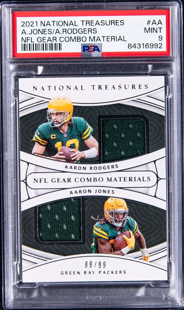 2021 Panini National Treasures Aaron Rodgers/Aaron Jones NFL Gear Combo Material #CM-AA card image