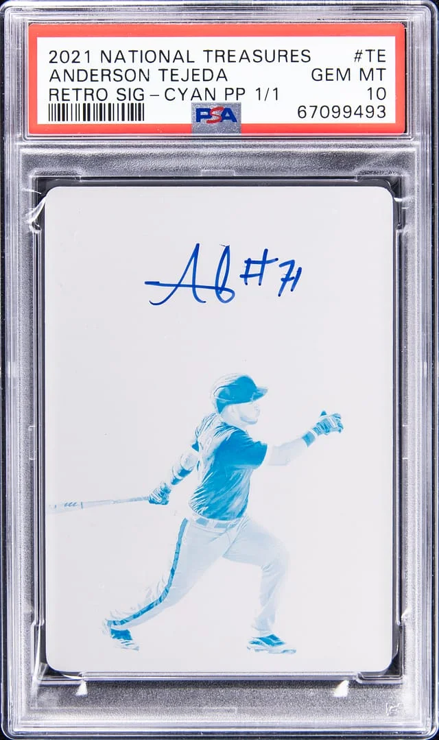 2021 Panini National Treasures Anderson Tejeda Retro Signature Cyan Printing Plate #RS-TE card image