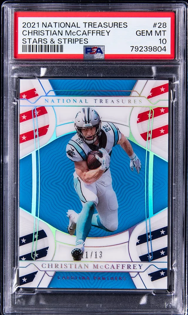 2021 Panini National Treasures Christian Mccaffrey Stars & Stripes #28 card image