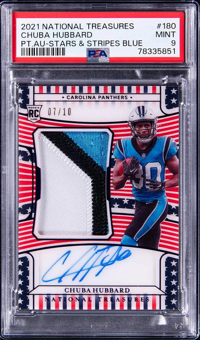 2021 Panini National Treasures Chuba Hubbard Patch Autograph-Stars & Stripes Holo Silver #180 card image
