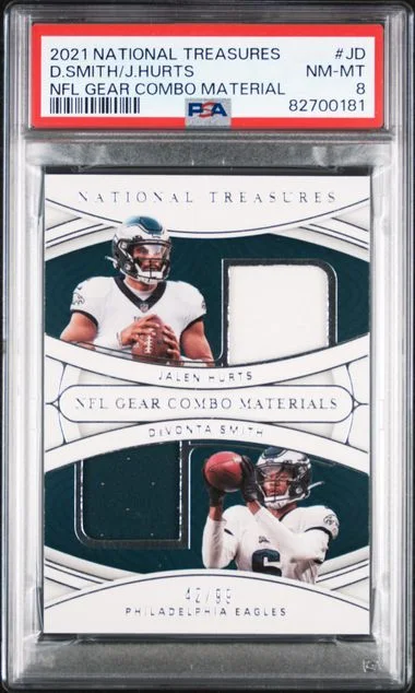 2021 Panini National Treasures Devonta Smith /Jalen Hurts NFL Gear Combo Materials #JD card image