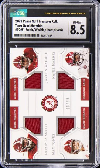 2021 Panini National Treasures Devonta Smith/Jaylen Waddle /Mac Jones /Najee Harris Collegiate Team Quad Materials #1 card image