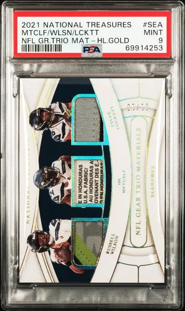 2021 Panini National Treasures DK Metcalf/Russell Wilson/Tyler Lockett NFL Gear Trio Materials Holo Gold #TM-SEA card image