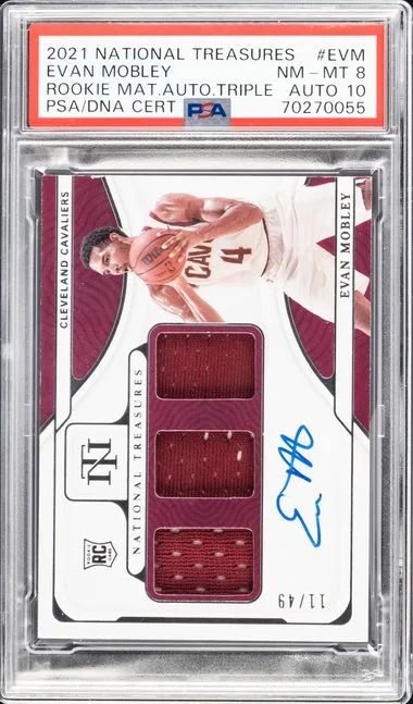 2021 Panini National Treasures Evan Mobley Materials Autographs Triple #EVM card image
