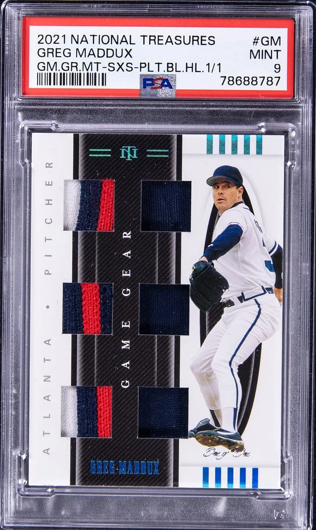 2021 Panini National Treasures Greg Maddux Game Gear Material Sixes Platinum Blue Holo #GG6-GM card image