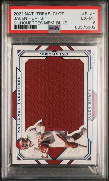 2021 Panini National Treasures Jalen Hurts Collegiate Silhouettes Memorabilia Blue #SLJH card image
