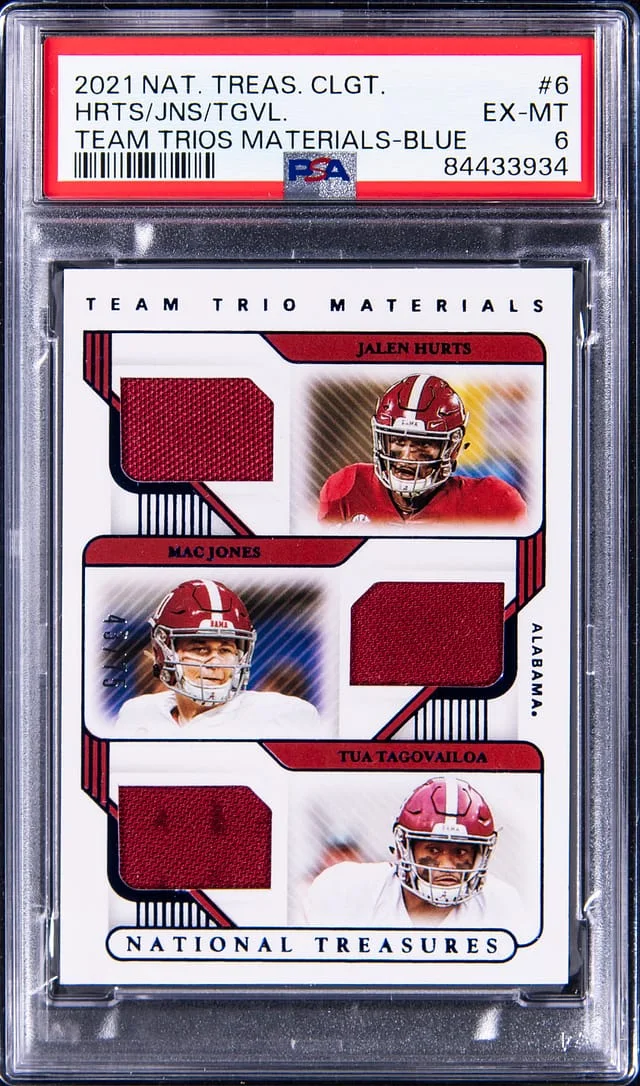 2021 Panini National Treasures Jalen Hurts/Mac Jones/Tua Tagovailoa Collegiate Team Trio Materials Blue #TTM6 card image