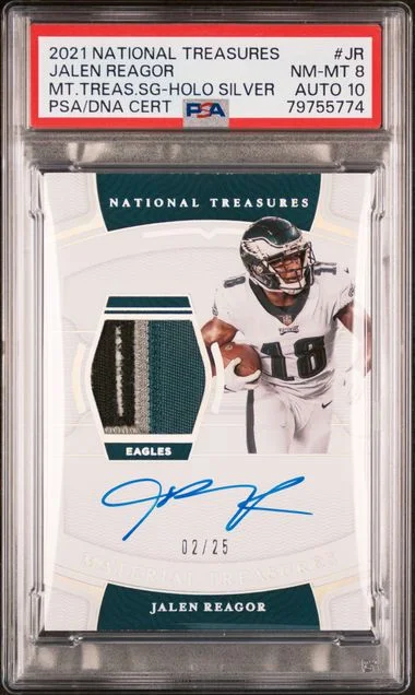 2021 Panini National Treasures Jalen Reagor Material Treasures Signatures Holo Silver #MTS-JR card image
