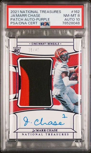 2021 Panini National Treasures Ja'Marr Chase Patch Autograph (RPA) Midnight #162 card image