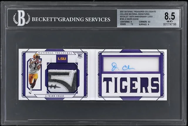 2021 Panini National Treasures Ja'Marr Chase Collegiate College Material Signatures Booklets 150th Anniversary Logo #169 card image