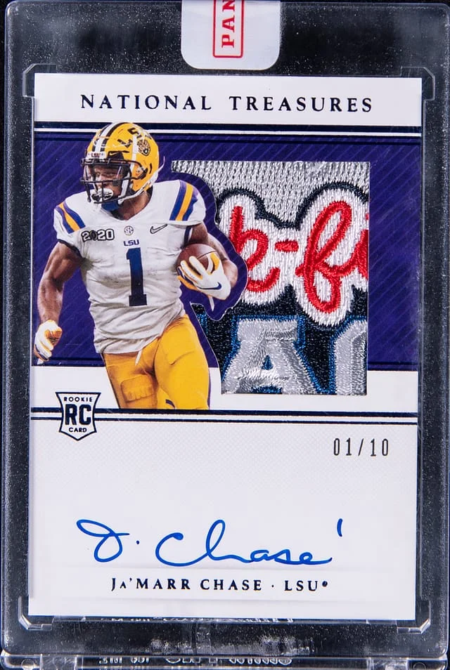 2021 Panini National Treasures Ja'Marr Chase Patch Autograph Blue #94 card image