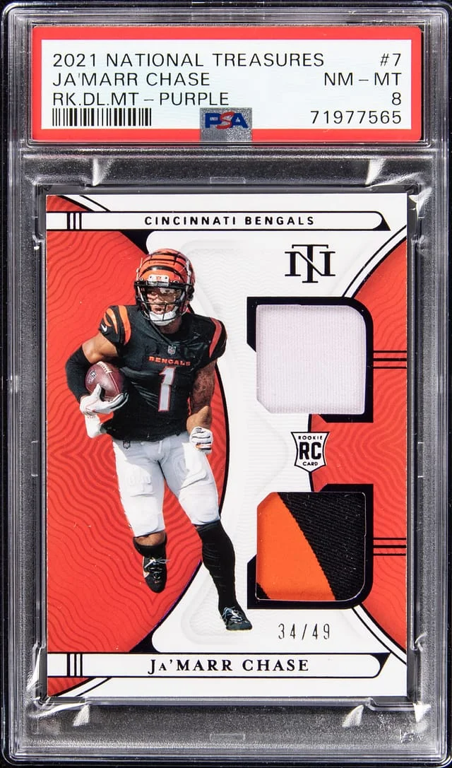 2021 Panini National Treasures Ja'Marr Chase Dual Materials Purple #RDM-7 card image