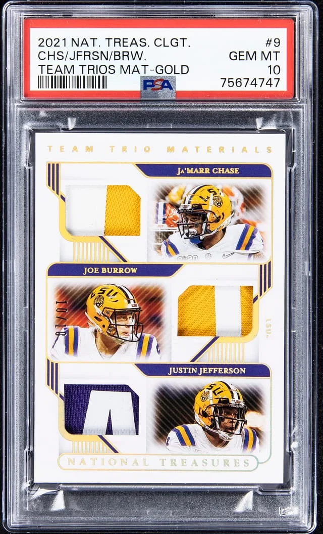 2021 Panini National Treasures Ja'Marr Chase/Joe Burrow/Justin Jefferson Collegiate Team Trios Material Gold #TTM9 card image