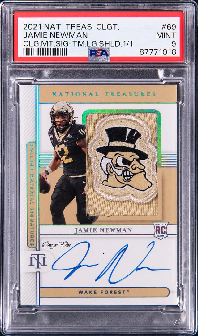 2021 Panini National Treasures Jamie Newman Collegiate College Materials Signature Team Logo Shield #69 card image