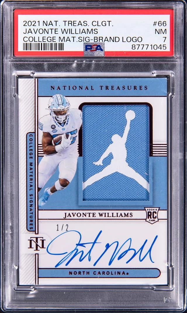 2021 Panini National Treasures Javonte Williams Collegiate Collection Material Signature Brand Logo #66 card image