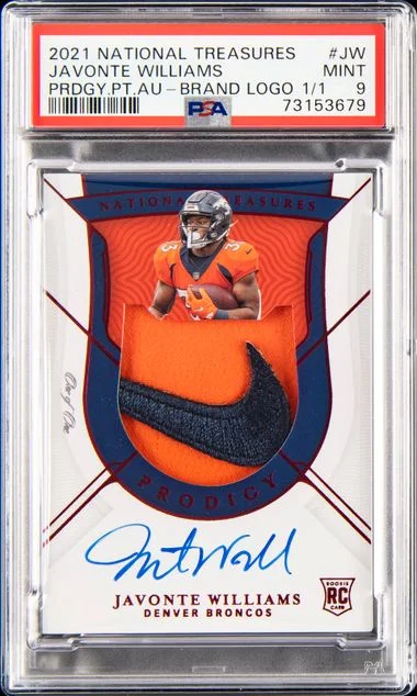 2021 Panini National Treasures Javonte Williams Prodigy Patch Autograph Brand Logo #PPA-JW card image