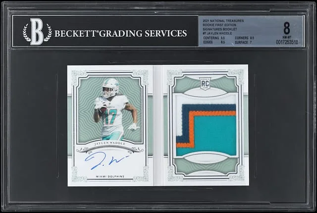 2021 Panini National Treasures Jaylen Waddle First Edition Signatures Booklet #7 card image