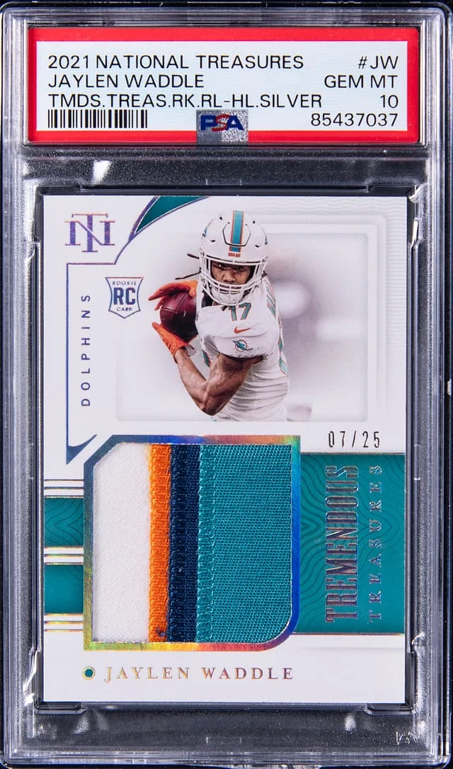 2021 Panini National Treasures Jaylen Waddle Tremendous Treasures Relic Holo Silver #JW card image