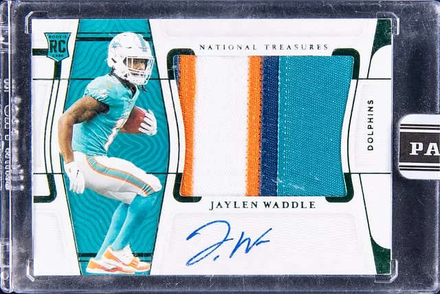 2021 Panini National Treasures Jaylen Waddle Material Signatures '23 Black Box #RMS-JW card image