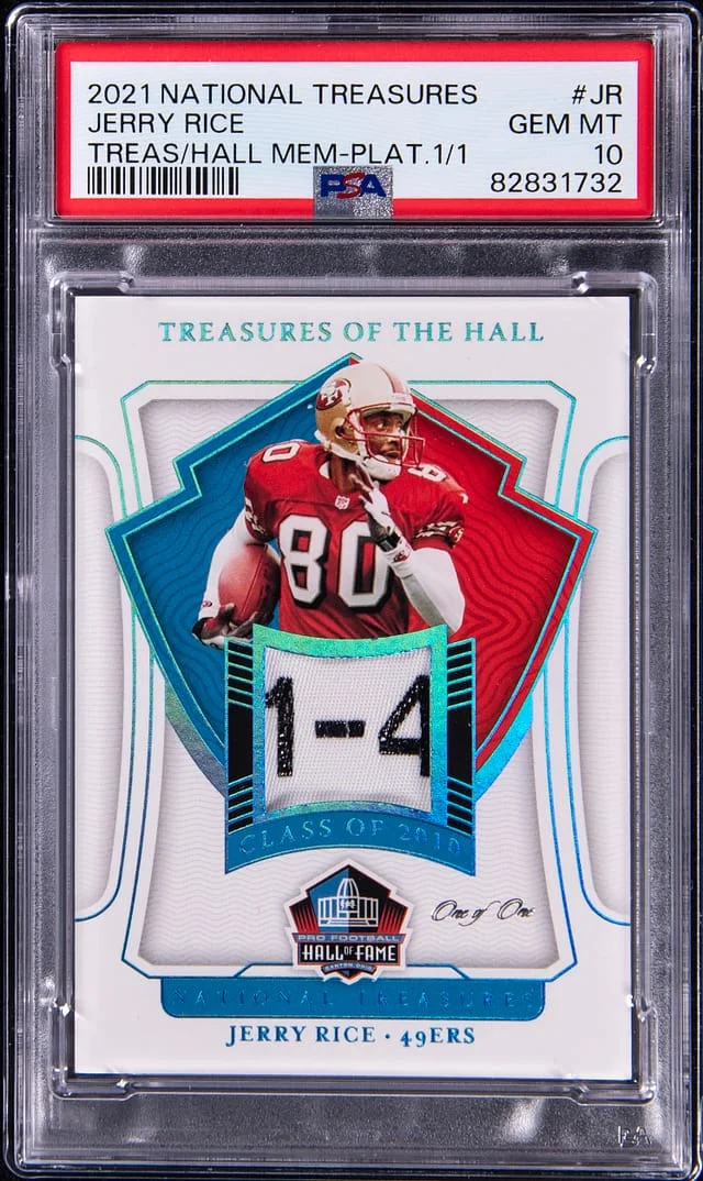 2021 Panini National Treasures Jerry Rice Treasures of the Hall Memorabilia Platinum #HALL-JR card image