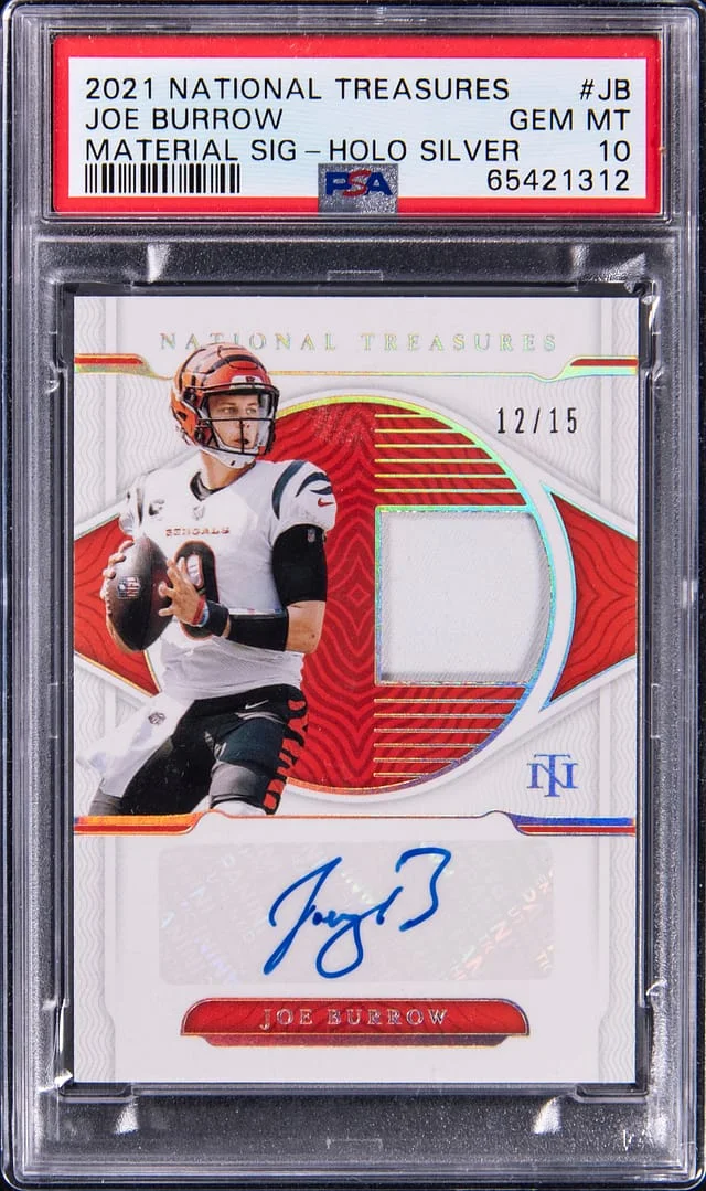 2021 Panini National Treasures Joe Burrow Material Signature Holo Silver #MS-JB card image