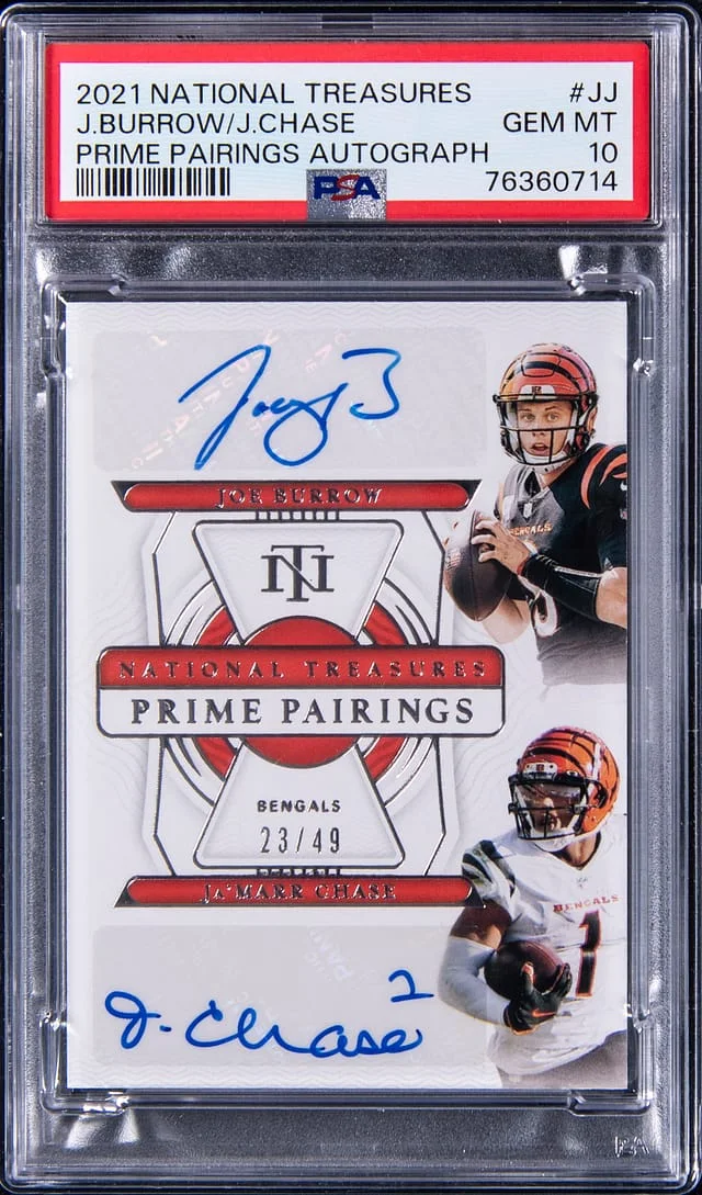 2021 Panini National Treasures Joe Burrow/Ja'Marr Chase Dual Prime Pairings Autographs #JJ card image