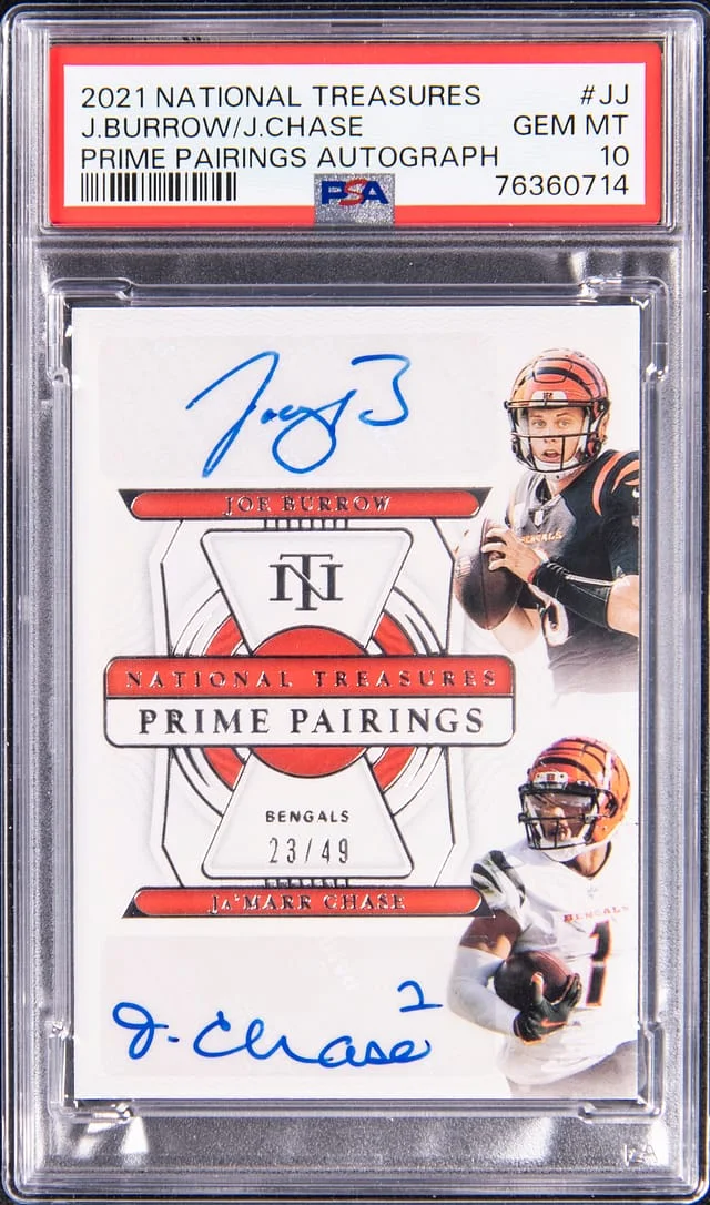 2021 Panini National Treasures Joe Burrow/Ja'Marr Chase Prime Pairings Autographs #PR-JJ card image
