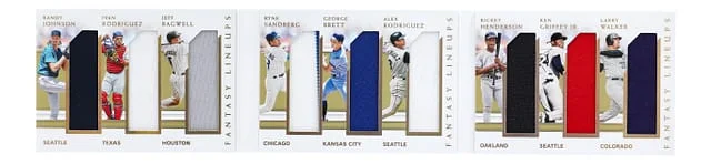 2021 Panini National Treasures Johnson/Rodriguez/Bagwell/Sandberg/Brett/Rodriguez/Henderson/Griffey Jr./Walker Relic Booklet Fantasy Line Ups #FLB1 card image