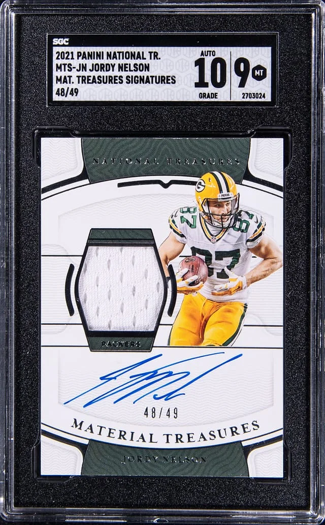 2021 Panini National Treasures Jordy Nelson Material Treasures Signatures #MTS-JN card image