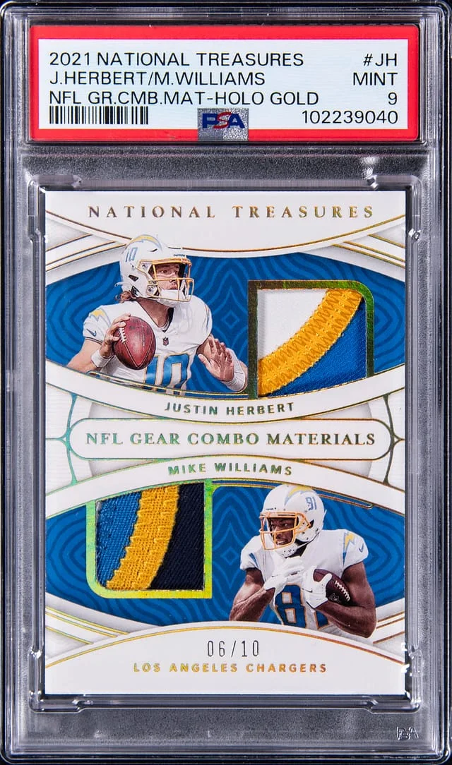 2021 Panini National Treasures Justin Herbert/Mike Williams NFL Gear Combo Material Holo Gold #CM-JH card image