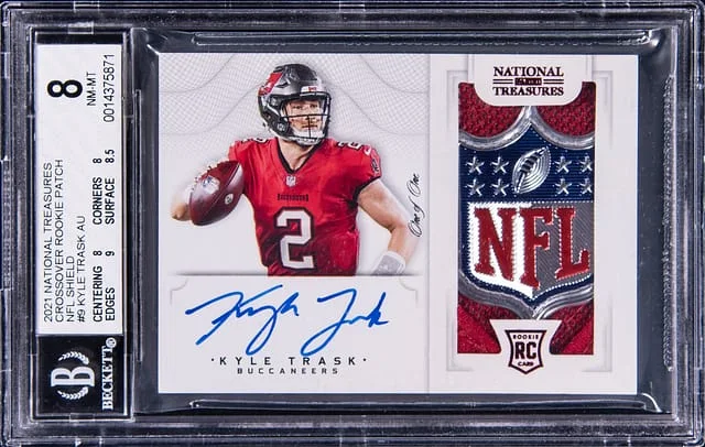 2021 Panini National Treasures Kyle Trask Crossover Patch NFL Shield #9 card image
