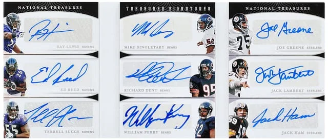2021 Panini National Treasures Lewis/Reed/Suggs/Singletary/Dent/Perry/Joe Greene/Lambert/Ham Multi-Signed Booklet Treasure Chest Signatures #TC-DEF card image