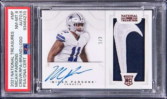 2021 Panini National Treasures Micah Parsons Crossover Vertical Patch Autograph Brand Logo #CRS-MP card image