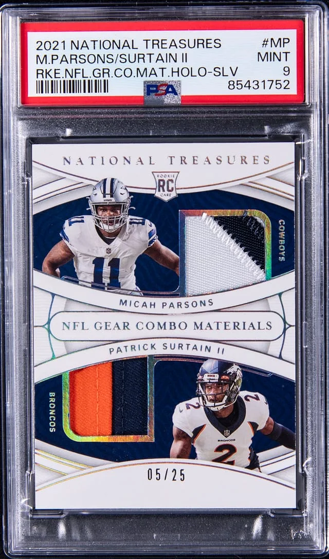 2021 Panini National Treasures Micah Parsons/Patrick Surtain II NFL Gear Combo Materials Holo Silver #MP card image