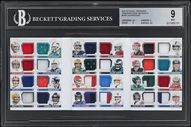 2021 Panini National Treasures Montana/Manning/Mahomes/Allen/Burrow/Lawrence Treasure Chest Materials #TC-QB card image