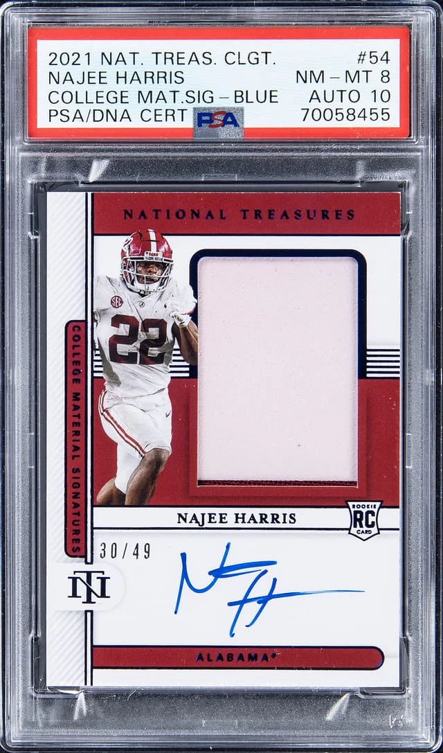 2021 Panini National Treasures Najee Harris Collegiate College Material Signature Blue #54 card image