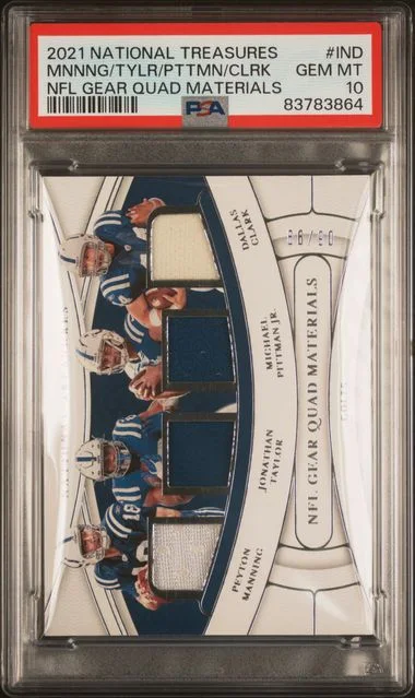 2021 Panini National Treasures NFL Gear Quad Materials Ind Dallas Clark/Jonathan Taylor/Michael Pittman Jr./Peyton Manning #no-number card image