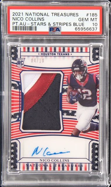 2021 Panini National Treasures Nico Collins Patch Autograph-Stars & Stripes Blue #185 card image