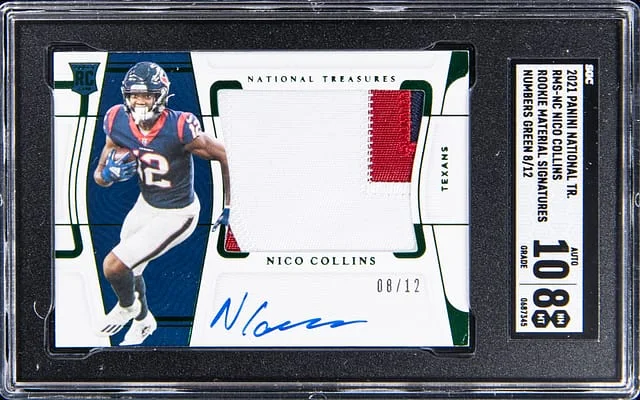 2021 Panini National Treasures Nico Collins Material Signatures Numbers Green #RMS-NC card image