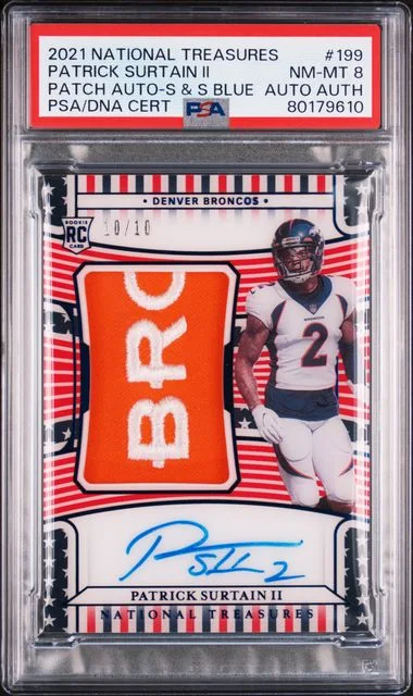 2021 Panini National Treasures Patrick Surtain II Patch Autograph-Stars & Stripes Blue #199 card image