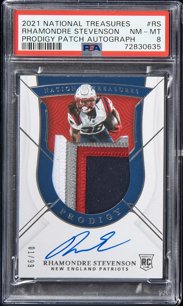 2021 Panini National Treasures Rhamondre Stevenson Prodigy Patch Autograph #RS card image