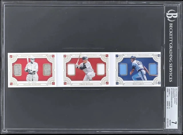 2021 Panini National Treasures Rogers Hornsby/Craig Biggio/Rod Carew Triple Legend Material Duo Booklet #TLDB-11 card image