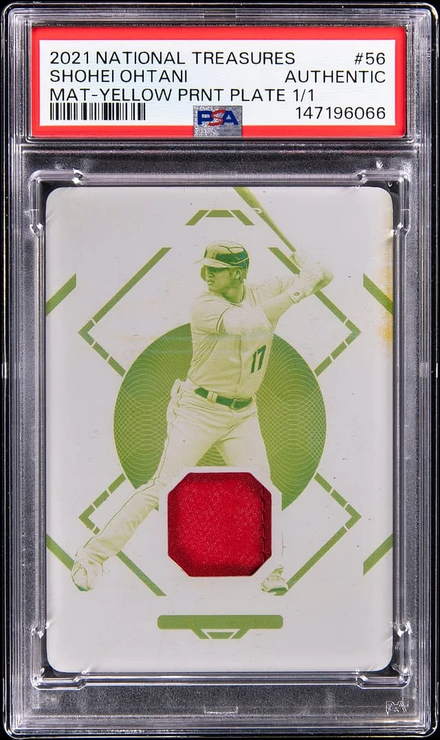 2021 Panini National Treasures Shohei Ohtani Materials Yellow Printing Plate #56 card image