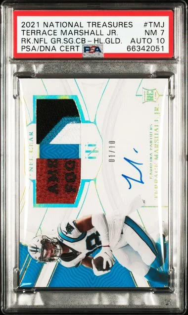 2021 Panini National Treasures Terrace Marshall Jr. NFL Gear Signature Combos Holo Gold #RSC-TMJ card image