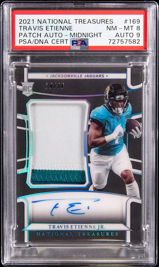 2021 Panini National Treasures Travis Etienne Patch Autograph Midnight #169 card image