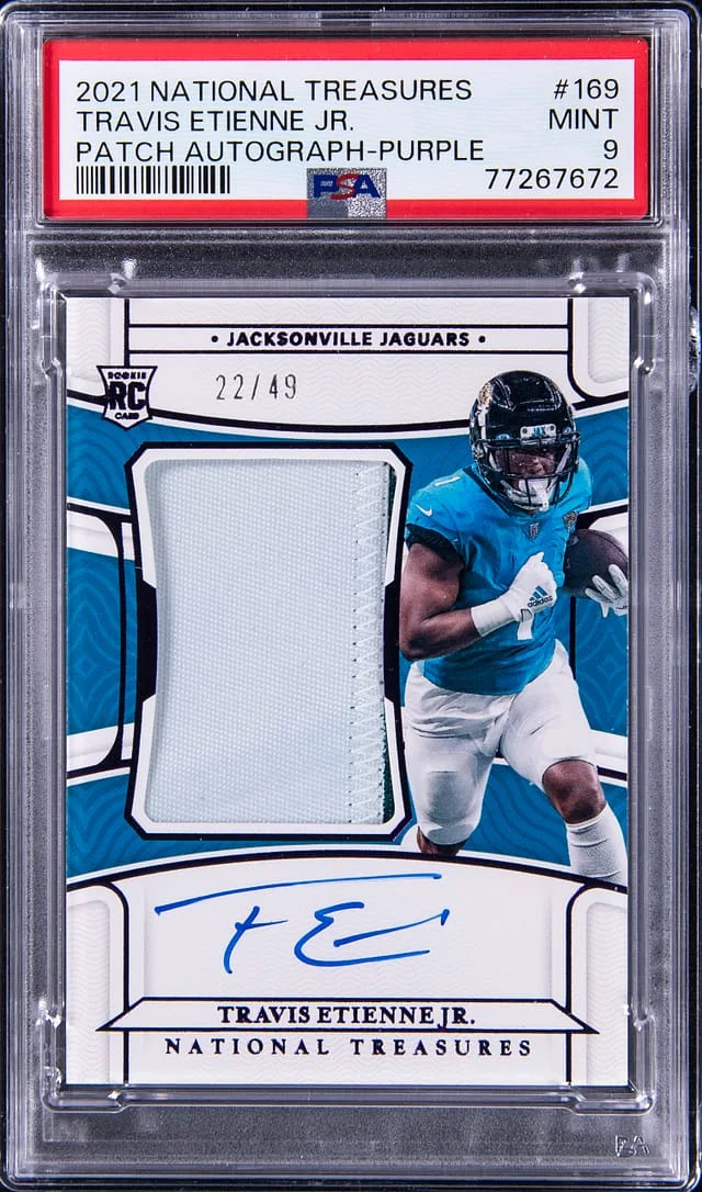 2021 Panini National Treasures Travis Etienne Jr. Patch Autograph-Purple #169 card image