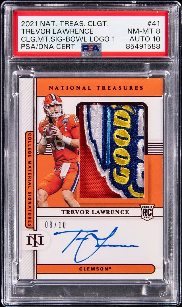 2021 Panini National Treasures Trevor Lawrence Collegiate College Materials Signatures Bowl Logo 1 #41 card image