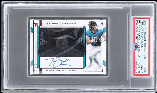 2021 Panini National Treasures Trevor Lawrence Hats Off Signature Button Top #RHS-TL card image